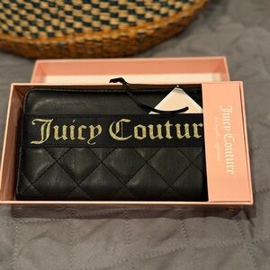 NIB JUICY COUTURE Sarburst Black W Gold Glitter Letters Zip Around WALLET